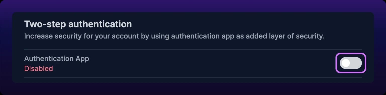 The Two-step authentication section of the profile page. An Authentication App row reads Disabled in red, and a gray toggle switch, highlighted, sits at the right of the row