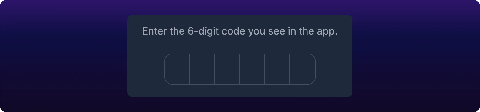 The confirmation step of the Set up authentication app dialog, cropped to a row of six single-digit code boxes under the line Enter the 6-digit code you see in the app