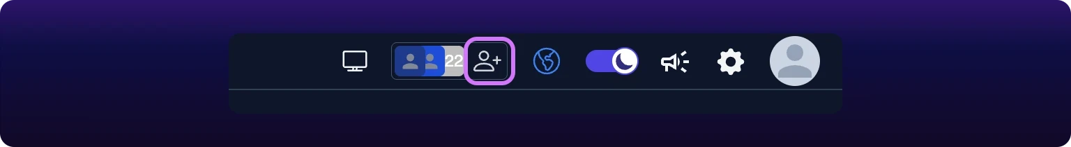 A cropped detail of the right end of the dashboard header. A bordered control holds two member avatars and the count 22, and a violet box highlights the add-person icon button immediately to its right. The theme switch, a megaphone, a settings gear and the account avatar follow