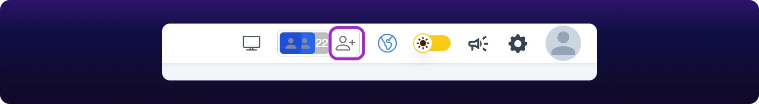 A cropped detail of the right end of the dashboard header. A bordered control holds two member avatars and the count 22, and a violet box highlights the add-person icon button immediately to its right. The theme switch, a megaphone, a settings gear and the account avatar follow
