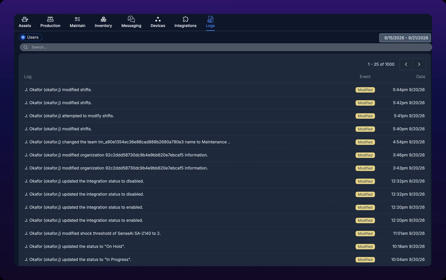 The Logs page at /logs, with Logs selected in the product nav. A dashed Users pill sits at the top left and a date-range button reading 9/15/2026 - 9/21/2026 at the top right, a full-width Search field under them, and below that a table with Log, Event, and Date columns. Fourteen rows are in view, each a sentence naming the member and what they changed, an amber Modified chip, and a timestamp. A header above the table reads 1 - 25 of 1000 with previous and next arrows. Nothing on the page offers a download