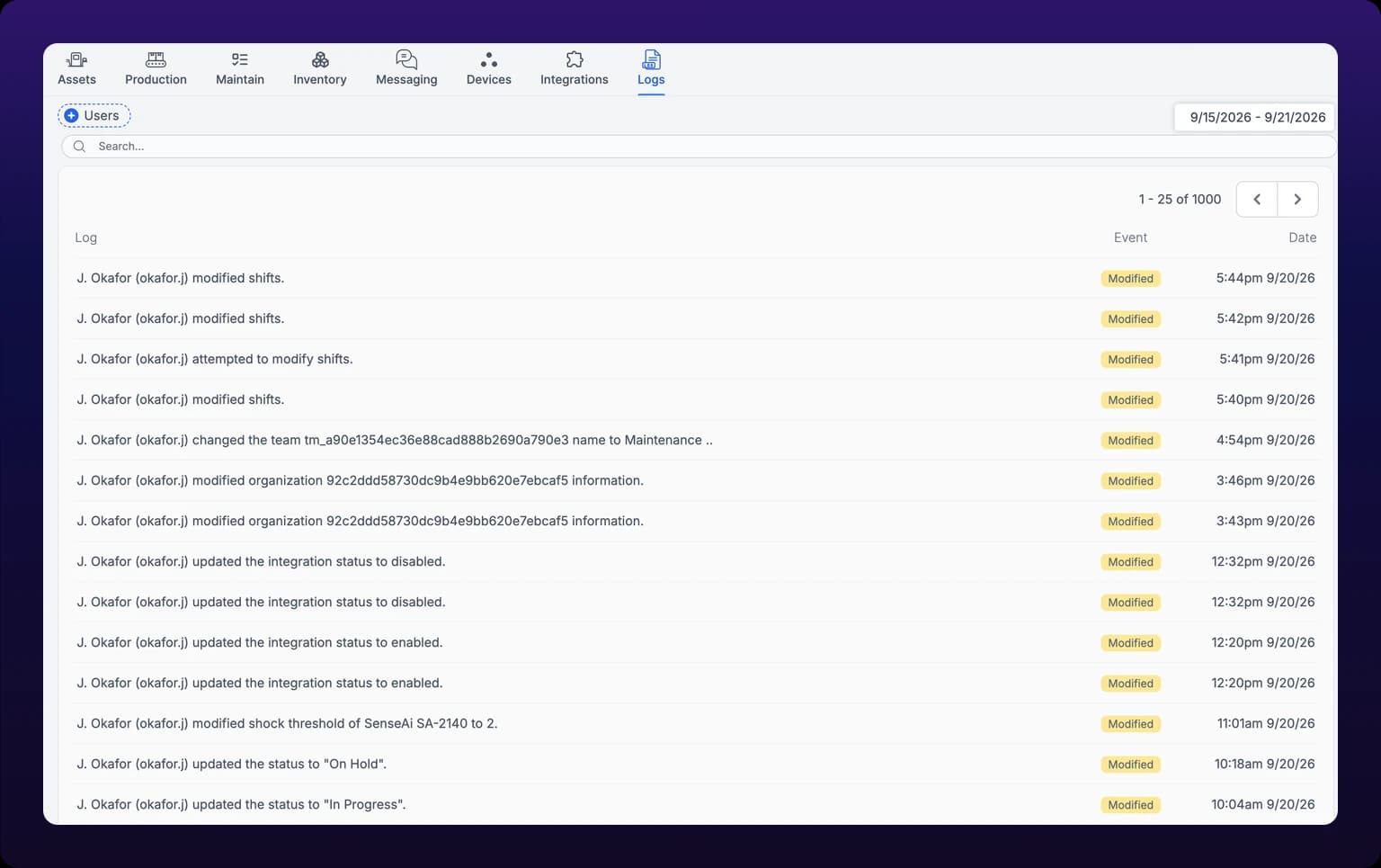 The Logs page at /logs, with Logs selected in the product nav. A dashed Users pill sits at the top left and a date-range button reading 9/15/2026 - 9/21/2026 at the top right, a full-width Search field under them, and below that a table with Log, Event, and Date columns. Fourteen rows are in view, each a sentence naming the member and what they changed, an amber Modified chip, and a timestamp. A header above the table reads 1 - 25 of 1000 with previous and next arrows. Nothing on the page offers a download