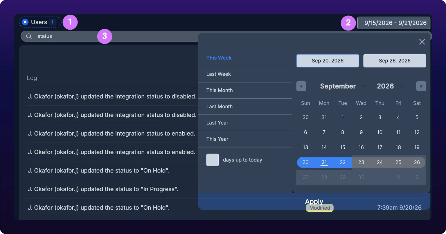 The filter row of the Logs page with all three filters set. Marked 1, the dashed Users pill carries the count 1 for the one member picked. Marked 2, the date-range button reads 9/15/2026 - 9/21/2026, with its picker open below on a list of presets, a days up to today box, two date fields, a September calendar with the week of the 20th selected, and an Apply button. Marked 3, the full-width Search field holds the word status, and the rows behind the picker all carry the word status