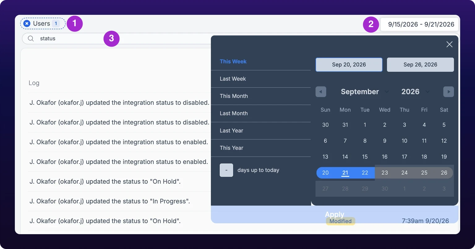 The filter row of the Logs page with all three filters set. Marked 1, the dashed Users pill carries the count 1 for the one member picked. Marked 2, the date-range button reads 9/15/2026 - 9/21/2026, with its picker open below on a list of presets, a days up to today box, two date fields, a September calendar with the week of the 20th selected, and an Apply button. Marked 3, the full-width Search field holds the word status, and the rows behind the picker all carry the word status