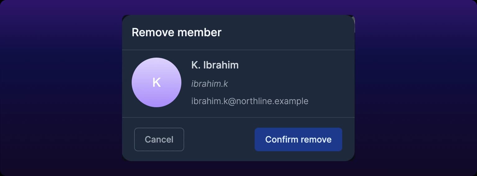 The Remove member dialog, headed Remove member, showing one member's avatar, full name, public username, and email address. Cancel sits at the bottom left and Confirm remove at the bottom right