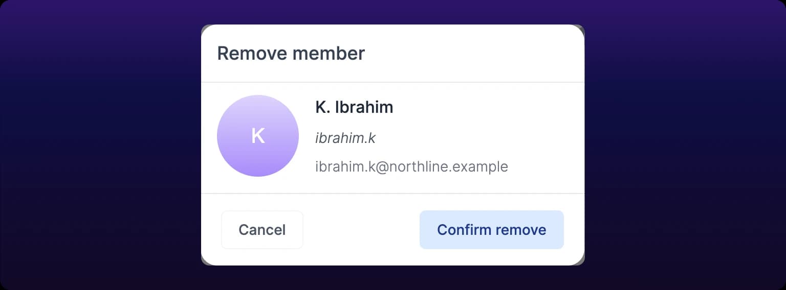 The Remove member dialog, headed Remove member, showing one member's avatar, full name, public username, and email address. Cancel sits at the bottom left and Confirm remove at the bottom right