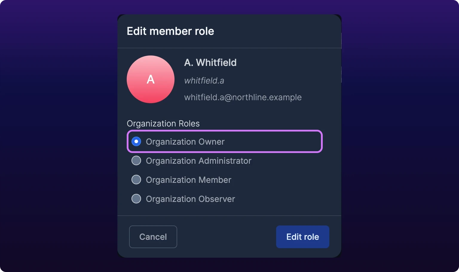 The Edit member role dialog for a second member, showing their avatar, name, public username, and email. A violet highlight surrounds Organization Owner at the top of the Organization Roles radio list, and its radio is selected