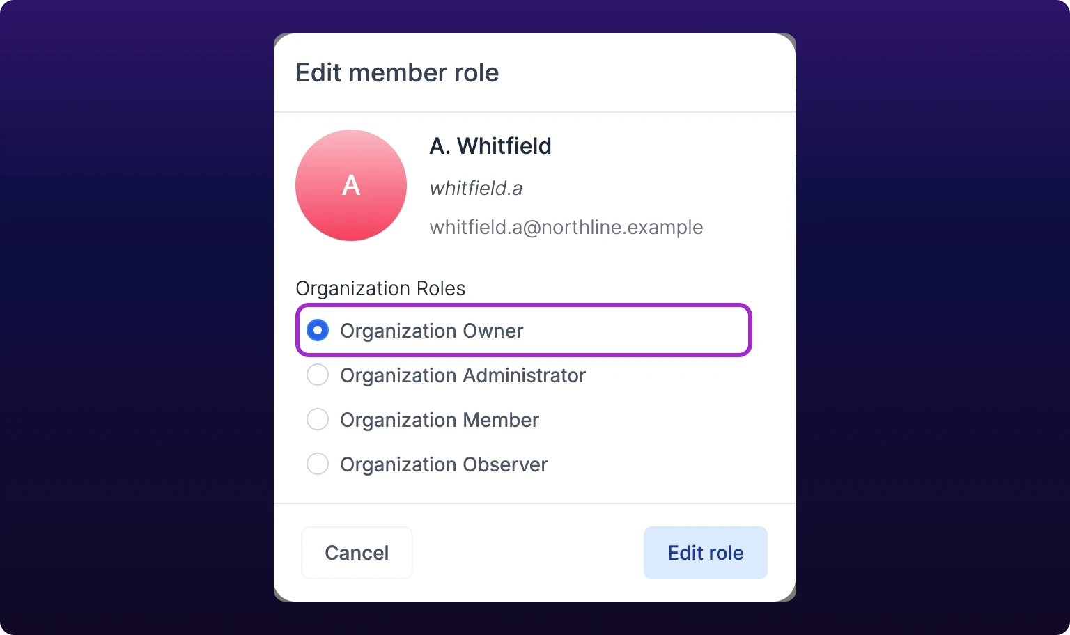 The Edit member role dialog for a second member, showing their avatar, name, public username, and email. A violet highlight surrounds Organization Owner at the top of the Organization Roles radio list, and its radio is selected