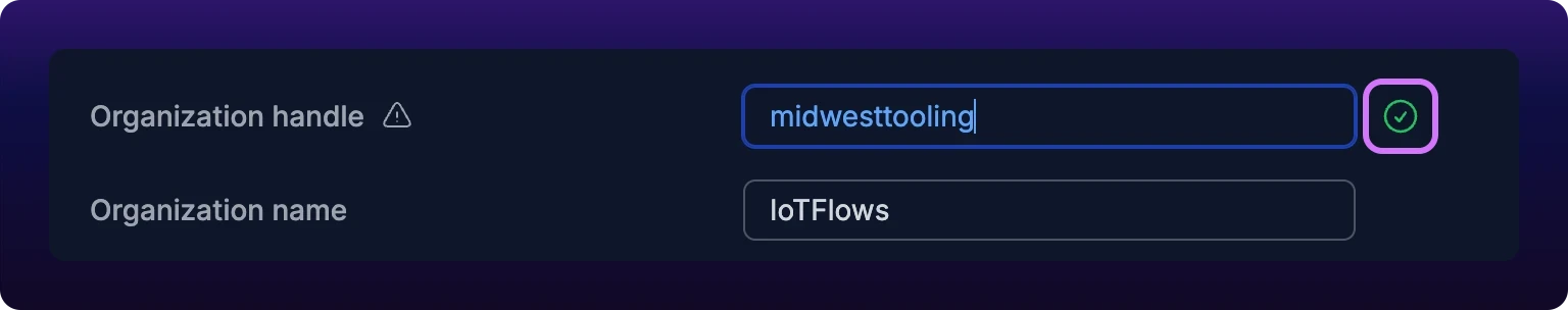 A cropped detail of the Organization handle row in edit mode. The focused field reads midwesttooling, and a green check circle sits immediately to the right of it, highlighted. The Organization name row, reading IoTFlows, sits below it for contrast.