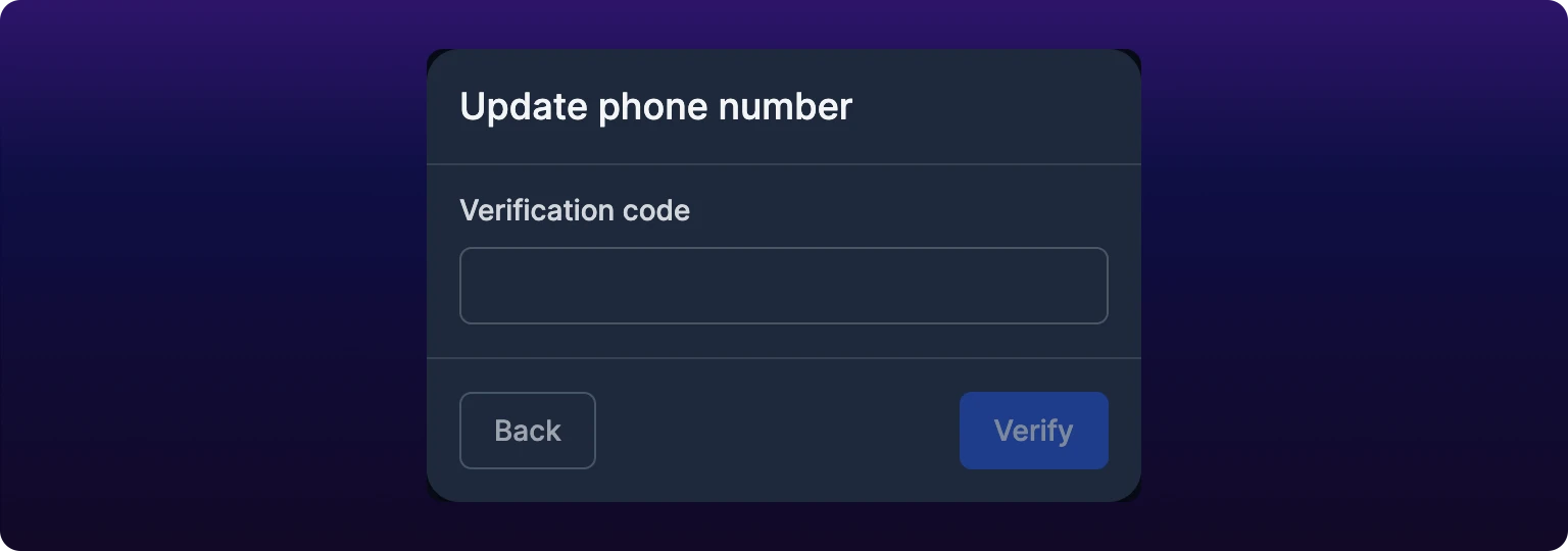 The second step of the Update phone number dialog, cropped to the panel. A single empty field labelled Verification code sits under the Update phone number title, with a Back button at the bottom left and a dimmed Verify button at the bottom right