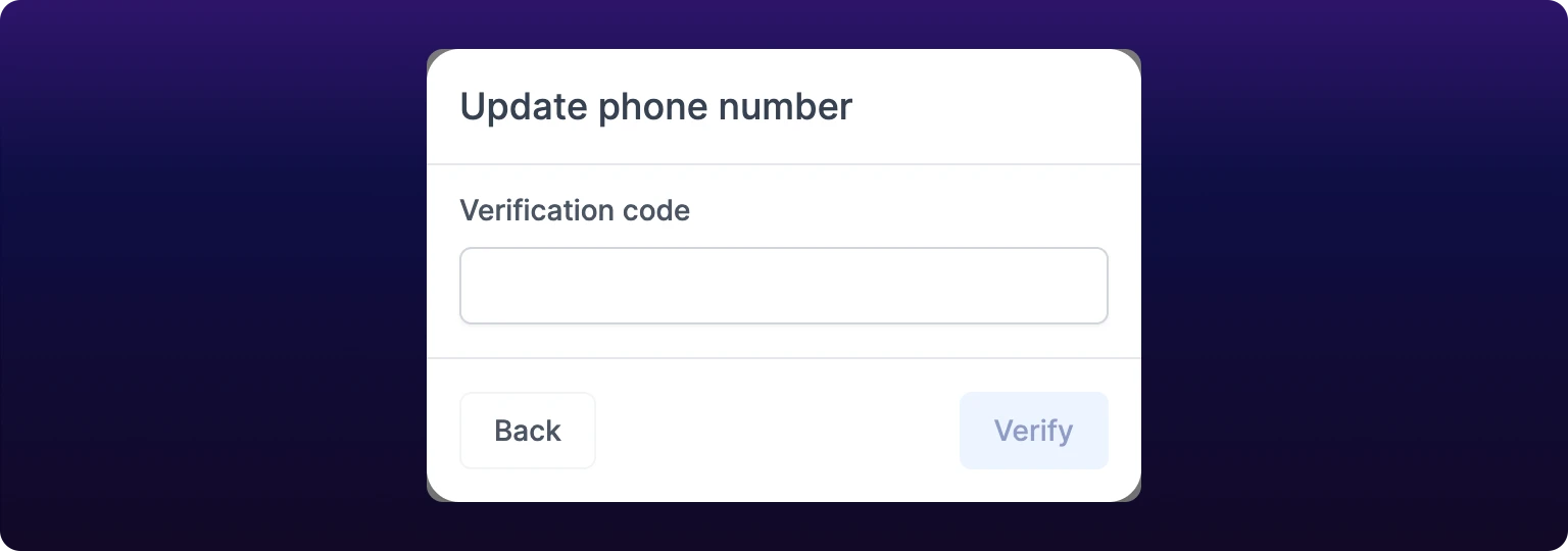 The second step of the Update phone number dialog, cropped to the panel. A single empty field labelled Verification code sits under the Update phone number title, with a Back button at the bottom left and a dimmed Verify button at the bottom right
