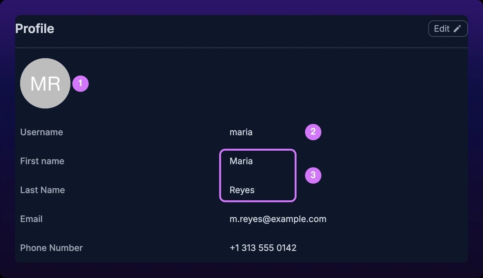 The Profile page at /settings/user, full width. A round grey avatar carrying the white initials MR, the placeholder an account gets before it uploads a picture, sits above a column of labeled fields reading Username, First name, Last Name, Email and Phone Number, with an Edit button at the top right of the Profile heading. Numbered callouts mark the avatar, the Username field and the name fields