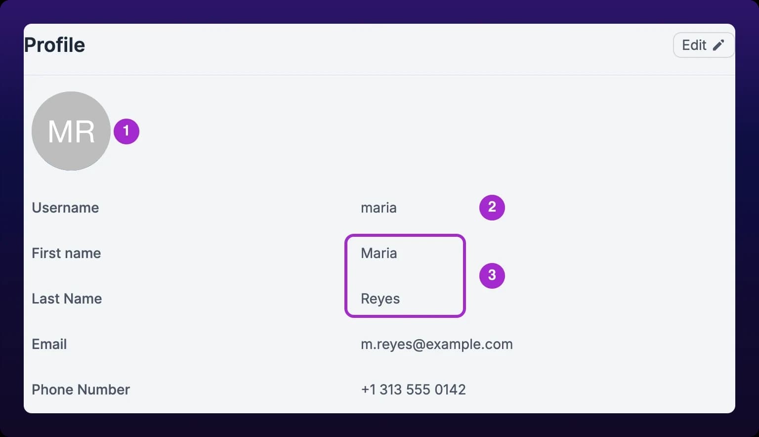 The Profile page at /settings/user, full width. A round grey avatar carrying the white initials MR, the placeholder an account gets before it uploads a picture, sits above a column of labeled fields reading Username, First name, Last Name, Email and Phone Number, with an Edit button at the top right of the Profile heading. Numbered callouts mark the avatar, the Username field and the name fields