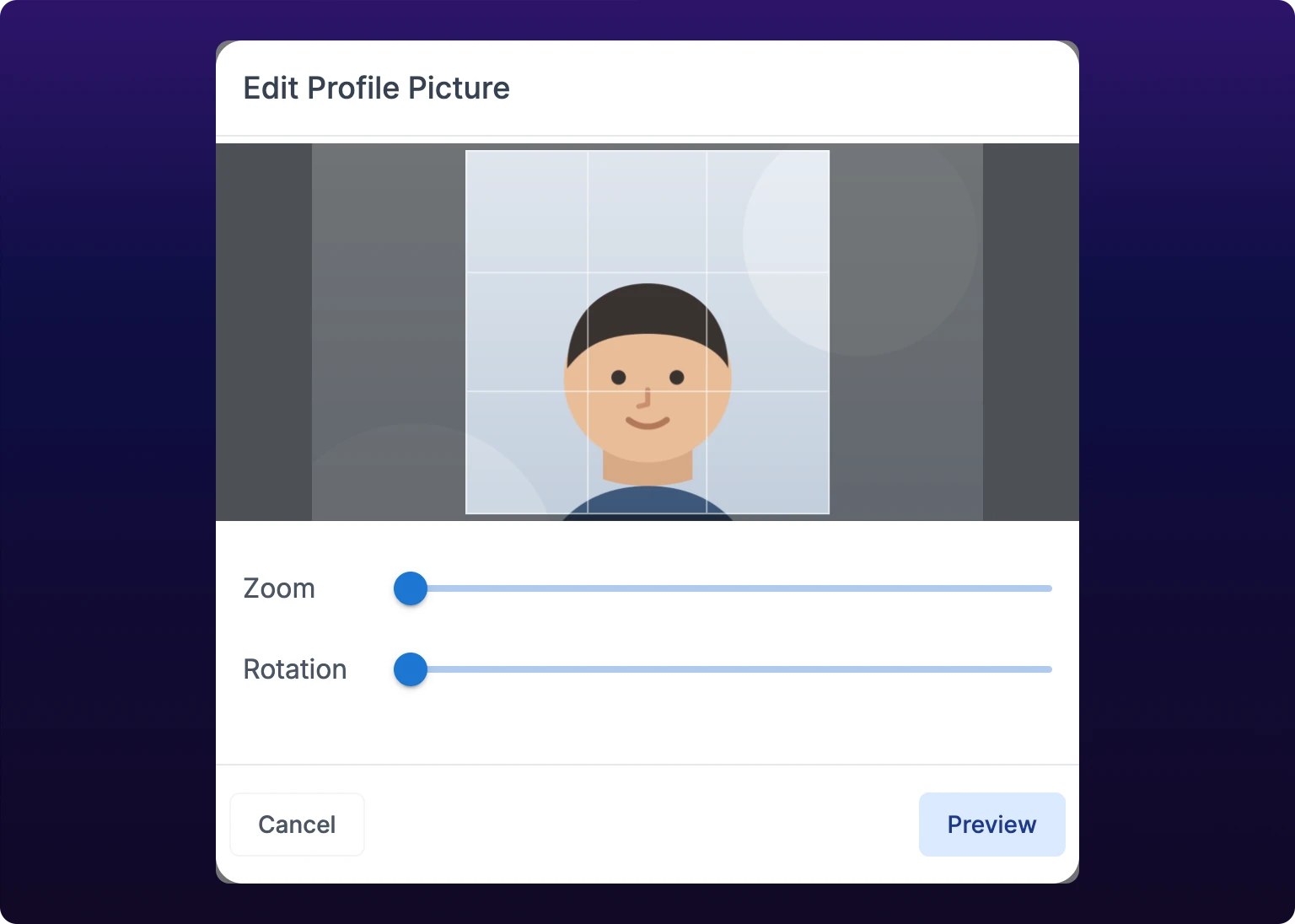 The Edit Profile Picture dialog. A square crop box with a rule-of-thirds grid sits over an uploaded picture, with a Zoom slider and a Rotation slider beneath it and Cancel and Preview buttons along the bottom edge
