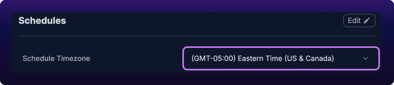 A cropped detail of the Schedules section showing its heading, an Edit button, and the Schedule Timezone row. The label sits at the left; at the right a highlighted select reads (GMT-05:00) Eastern Time (US and Canada).
