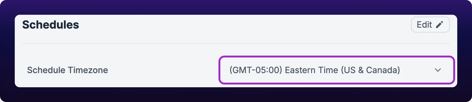 A cropped detail of the Schedules section showing its heading, an Edit button, and the Schedule Timezone row. The label sits at the left; at the right a highlighted select reads (GMT-05:00) Eastern Time (US and Canada).