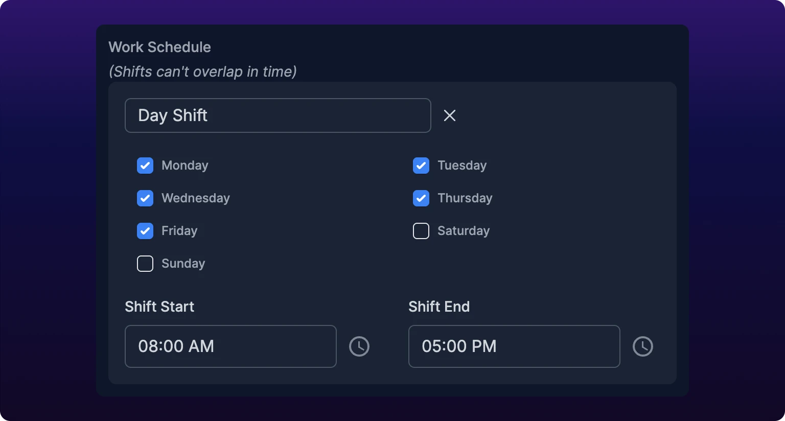 A single shift row in the Schedules panel in edit mode, under the Work Schedule heading and its italic note that shifts can't overlap in time. A text field holding Day Shift sits at the top with a remove cross to its right, checkboxes labeled Monday through Sunday sit below it with Monday through Friday checked, and two pickers labeled Shift Start and Shift End read 08:00 AM and 05:00 PM, each with a clock icon beside it.