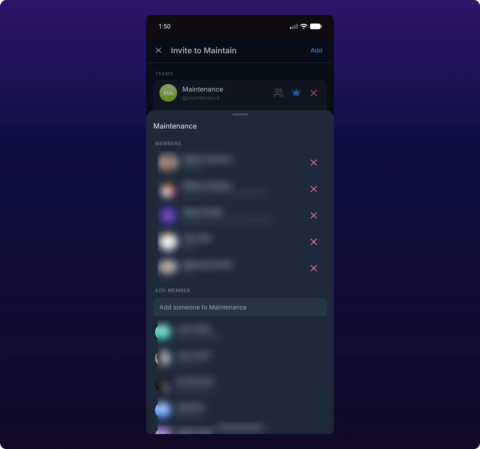 An Android phone showing a Maintain board's member list, with teams listed above individual members, and the team page that opens from it, carrying the team avatar, name, handle, and member rows