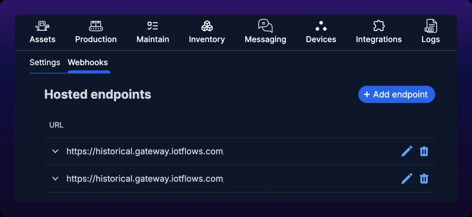 The Webhooks tab of Organization Settings, headed Hosted endpoints with an Add endpoint button at the top right. A table under a URL column lists two endpoints, each row ending in a pencil icon and a trash icon