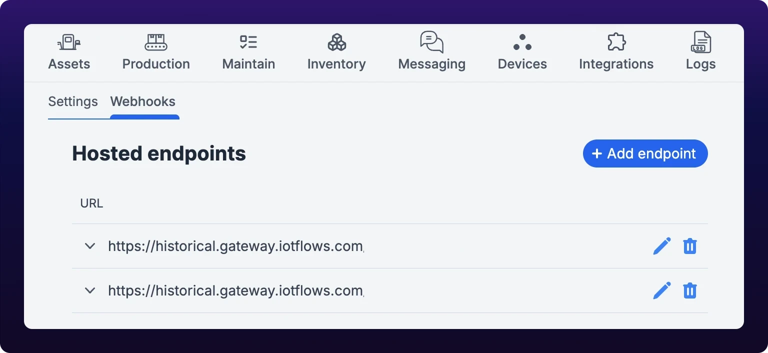The Webhooks tab of Organization Settings, headed Hosted endpoints with an Add endpoint button at the top right. A table under a URL column lists two endpoints, each row ending in a pencil icon and a trash icon