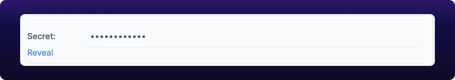 The Secret row of an expanded endpoint. The value is masked as dots in a read-only field, with a blue Reveal link directly beneath it