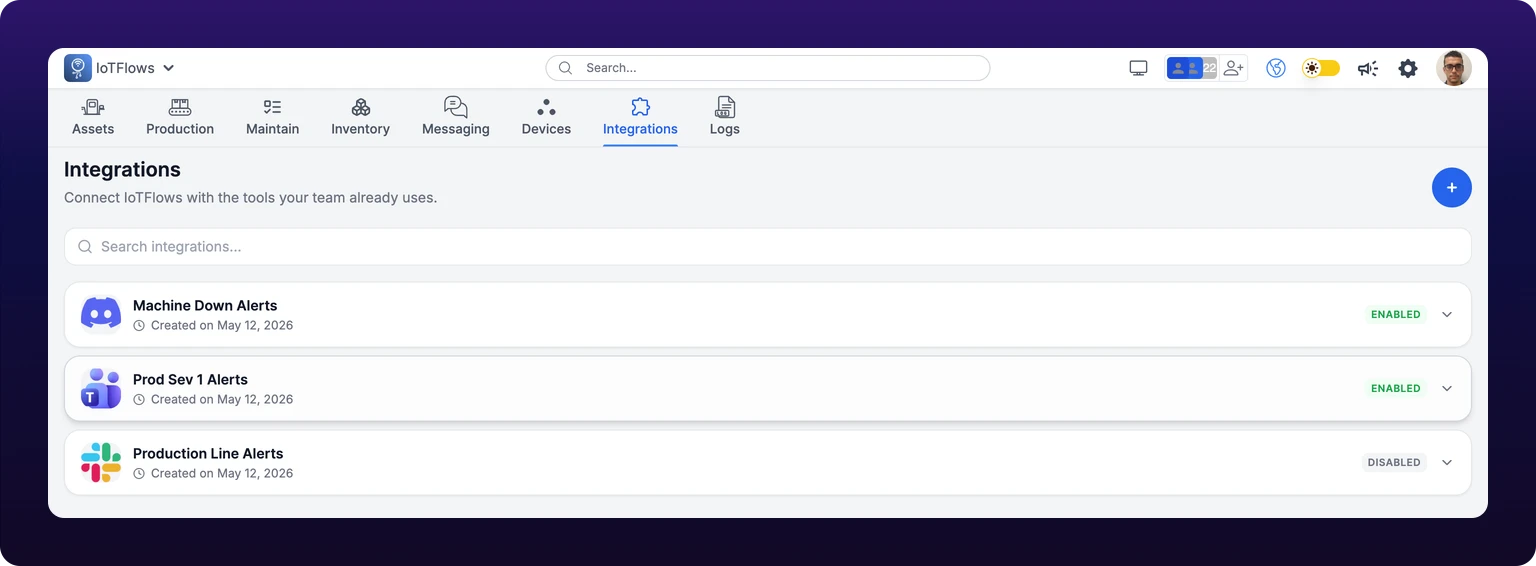 The Integrations page at full width, headed Integrations over Connect IoTFlows with the tools your team already uses, with a blue round plus button at the top right, a Search integrations field below it, and three integration cards. Each card shows a platform icon, a name, a created-on line with the author's avatar, and a status chip. The third card's chip reads Disabled
