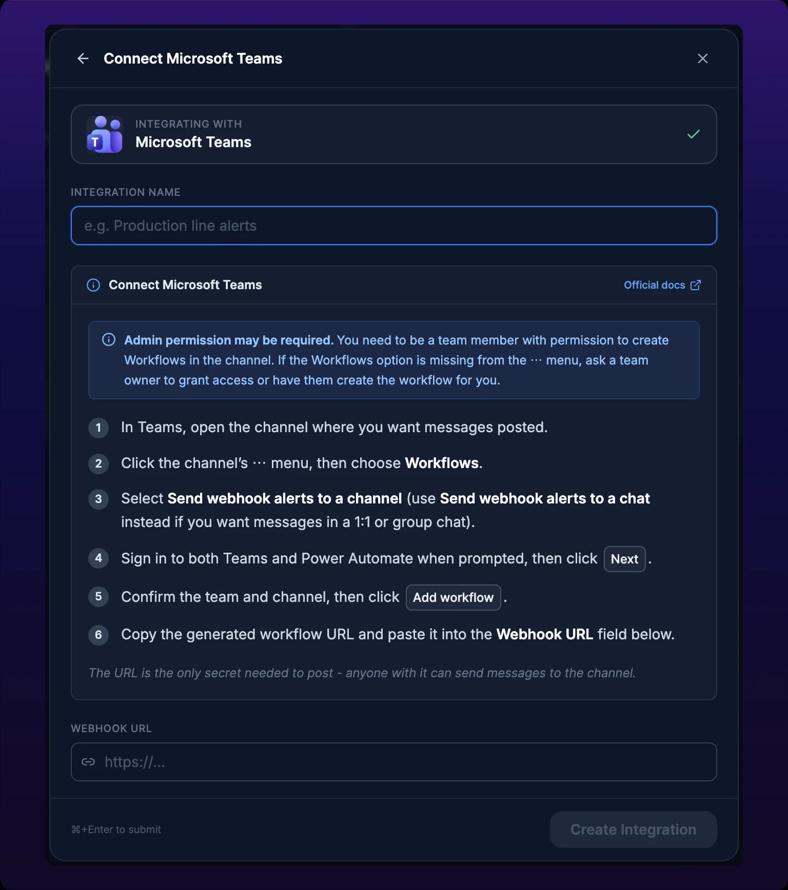 The New Integration modal on its second step, headed Connect Microsoft Teams, showing a blue Admin permission may be required note, six numbered setup steps ending in copying the generated workflow URL, an Official docs link at the top right of the panel, and the Webhook URL field below it