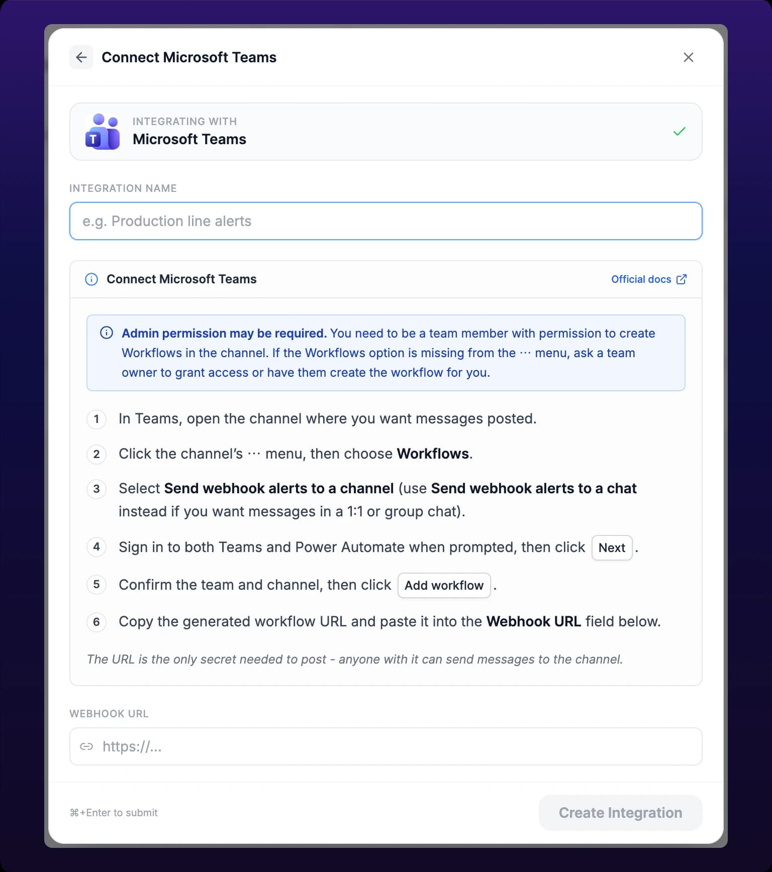 The New Integration modal on its second step, headed Connect Microsoft Teams, showing a blue Admin permission may be required note, six numbered setup steps ending in copying the generated workflow URL, an Official docs link at the top right of the panel, and the Webhook URL field below it
