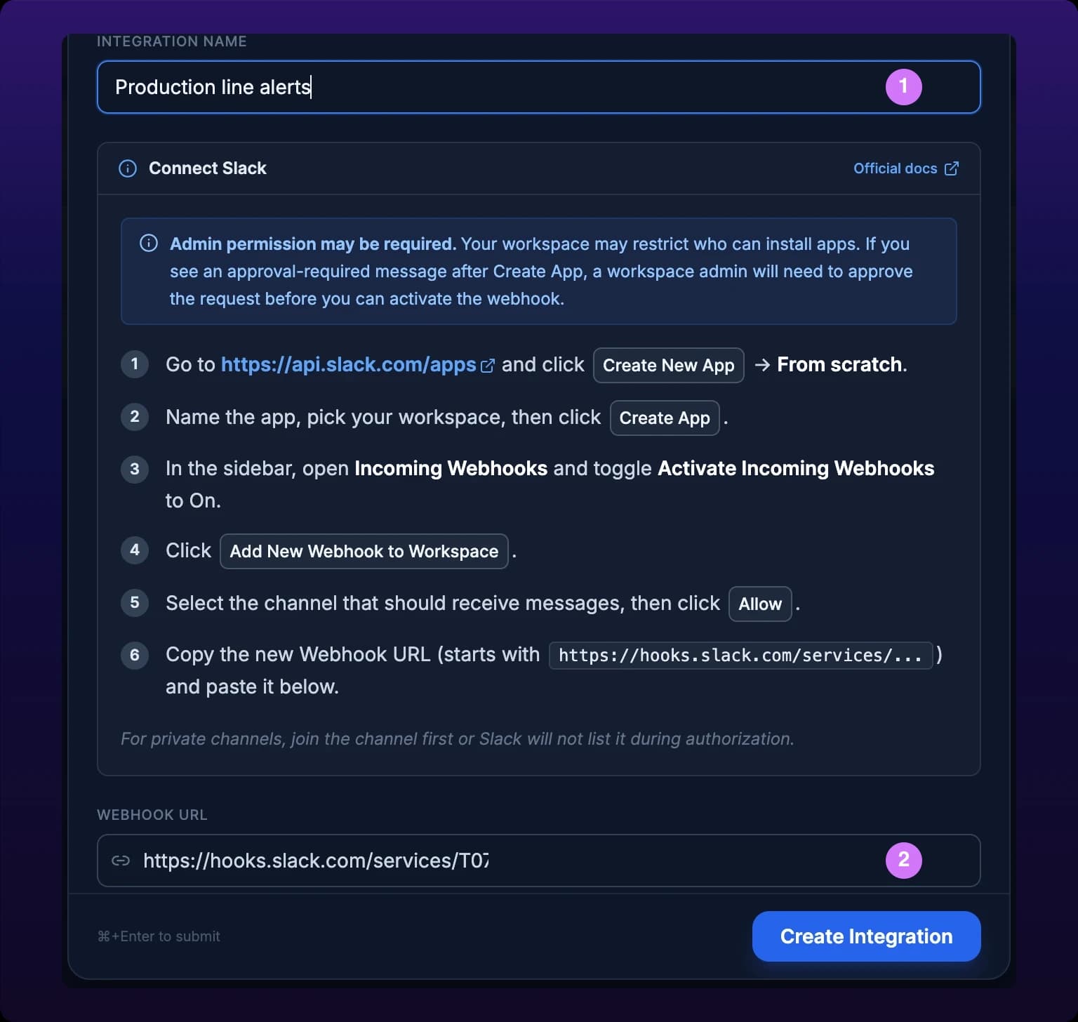 A cropped detail of the New Integration modal showing two fields. Callout 1 marks the Integration name field holding Production line alerts, callout 2 marks the Webhook URL field below it holding a redacted https URL behind a link icon
