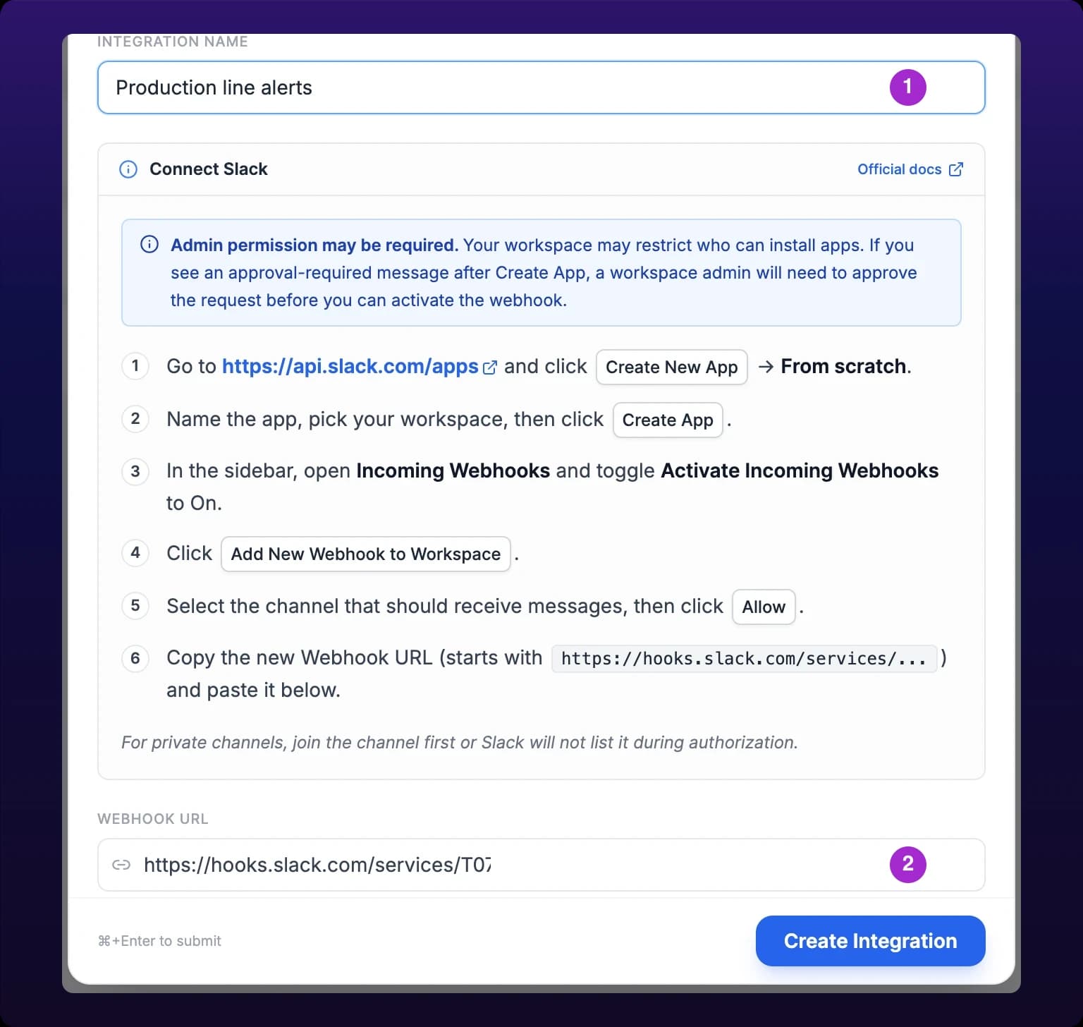 A cropped detail of the New Integration modal showing two fields. Callout 1 marks the Integration name field holding Production line alerts, callout 2 marks the Webhook URL field below it holding a redacted https URL behind a link icon