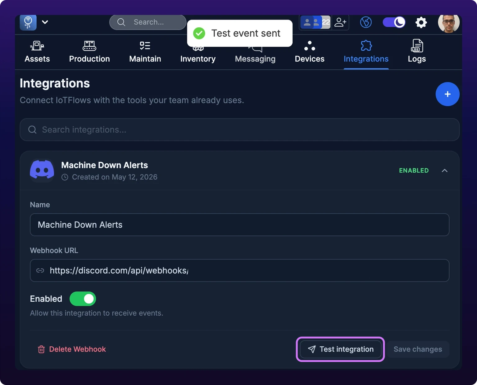 The Integrations page with one card expanded, showing its Name and Webhook URL fields, an Enabled toggle switched on, and an action row carrying Delete Webhook on the left and Test integration and Save changes on the right. A violet highlight marks Test integration, and a Test event sent toast sits over the header above