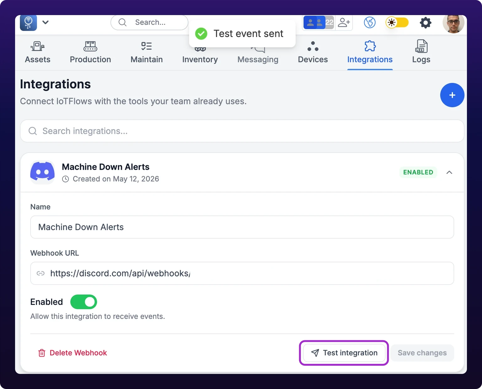 The Integrations page with one card expanded, showing its Name and Webhook URL fields, an Enabled toggle switched on, and an action row carrying Delete Webhook on the left and Test integration and Save changes on the right. A violet highlight marks Test integration, and a Test event sent toast sits over the header above