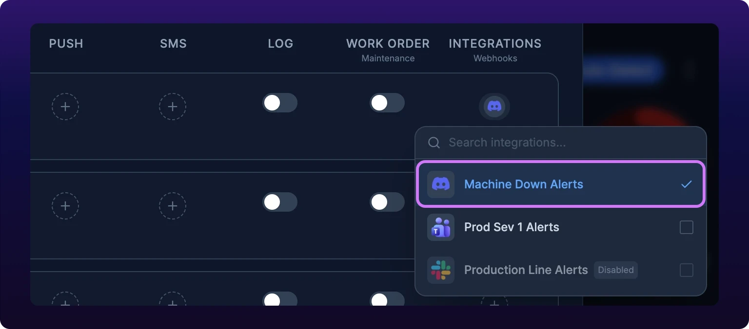The right end of the Event Notifications modal, showing the LOG, WORK ORDER and INTEGRATIONS column headers over the Machine Down warning row, whose Integrations cell now carries a Discord icon. The dropdown the cell opened lists three integrations with their platform icons above a Search integrations field, the first checked and marked with a violet highlight, the third tagged Disabled and dimmed