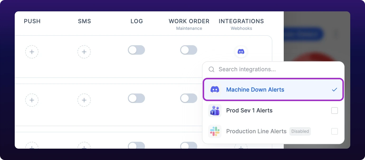 The right end of the Event Notifications modal, showing the LOG, WORK ORDER and INTEGRATIONS column headers over the Machine Down warning row, whose Integrations cell now carries a Discord icon. The dropdown the cell opened lists three integrations with their platform icons above a Search integrations field, the first checked and marked with a violet highlight, the third tagged Disabled and dimmed