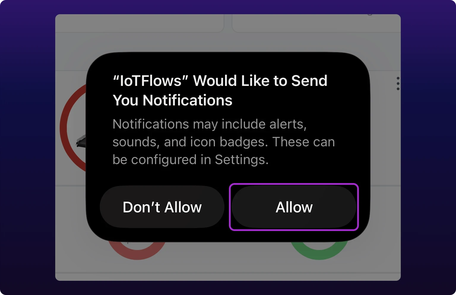 The iOS system dialog over the IoTFlows app asking whether IoTFlows may send notifications, with a violet highlight on the Allow button beside Don't Allow