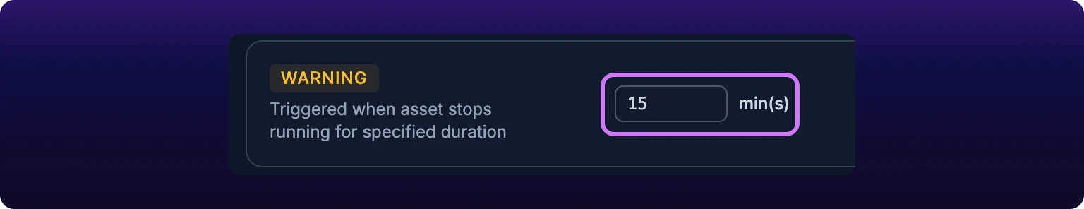 The Time threshold control on the Machine Down warning row, cropped close. A narrow numeric field reads 15, the suffix min(s) sits to its right, and a violet highlight rings the pair