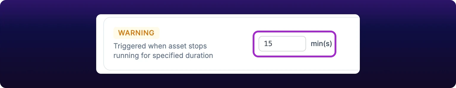 The Time threshold control on the Machine Down warning row, cropped close. A narrow numeric field reads 15, the suffix min(s) sits to its right, and a violet highlight rings the pair
