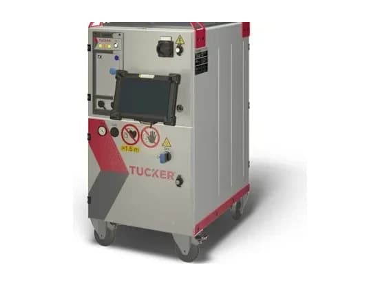 A Tucker stud-welding controller: a grey cabinet on casters with a touchscreen, warning labels and the Tucker name in red.