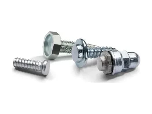 Four Tucker weld studs in bright steel: a threaded stud, a flanged stud with a hex nut, a capped stud and a short ribbed stud.
