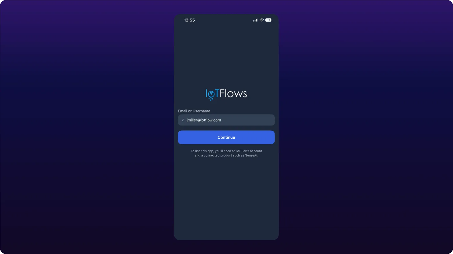 The IoTFlows iOS sign-in screen with an email field and a Continue button