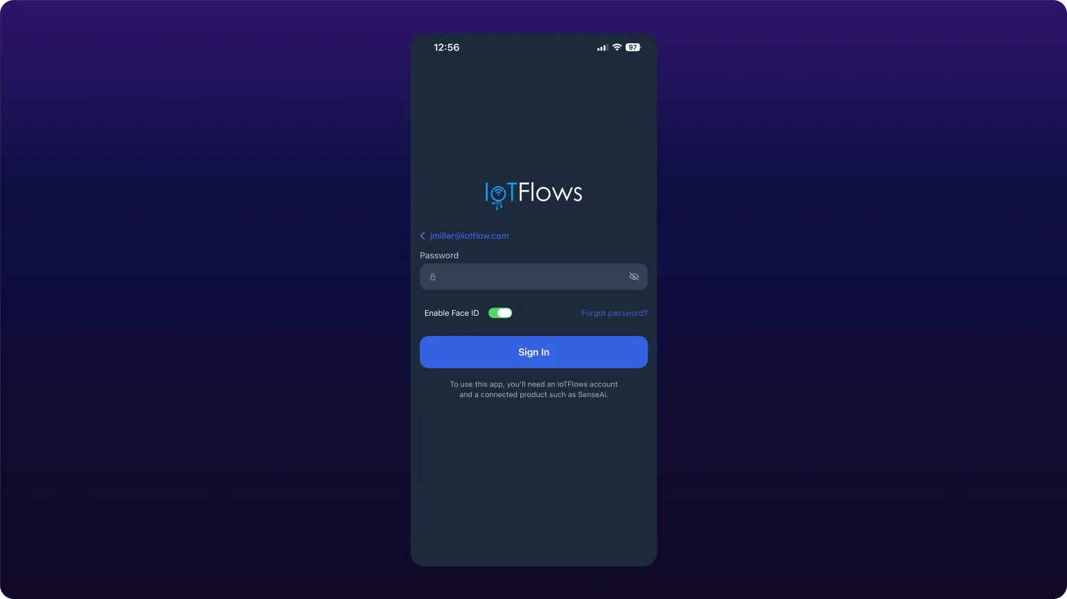 The iOS Face ID enrolment prompt shown over the IoTFlows sign-in screen