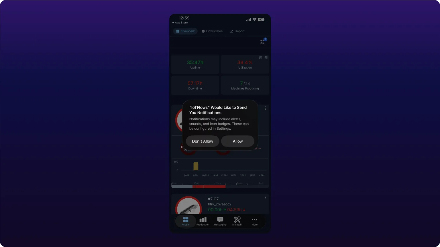 The Android system dialog asking whether IoTFlows may send notifications, with Allow and Don't allow