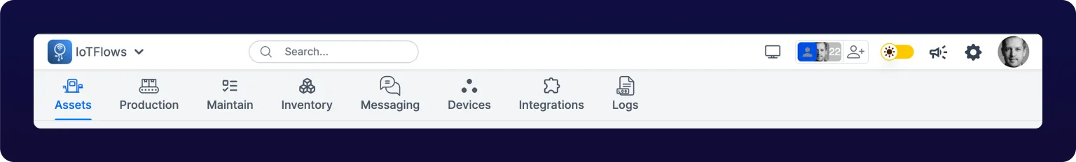 The dashboard tab row showing Assets, Production, Maintain, Inventory, Messaging, Devices, Integrations and Logs
