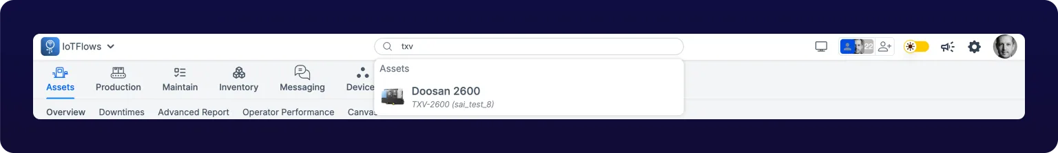 The header search box with a machine name typed in, showing results under grouped headings