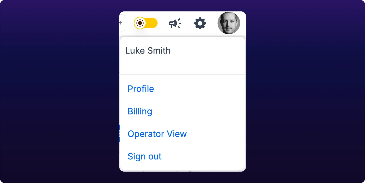 The profile menu expanded, listing Profile, Billing, Operator View and Sign out