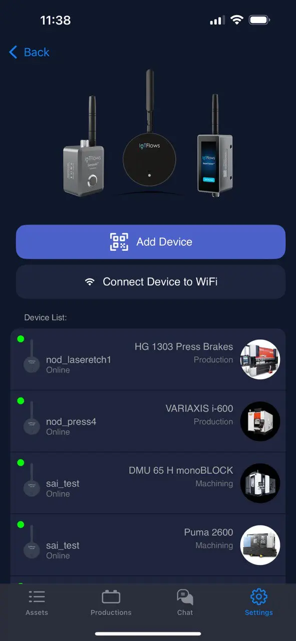 The app's Devices screen, with an Add Device button, a Connect Device to WiFi button, and the list of devices already paired