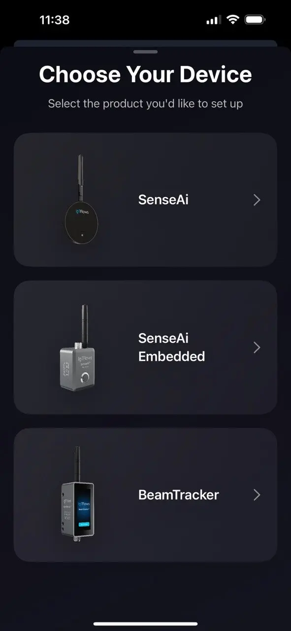 The product picker, offering SenseAi, SenseAi Embedded and BeamTracker