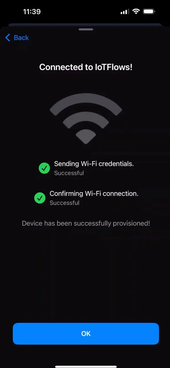 The app's success screen, showing Sending Wi-Fi credentials Successful, Confirming Wi-Fi connection Successful, and the line Device has been successfully provisioned