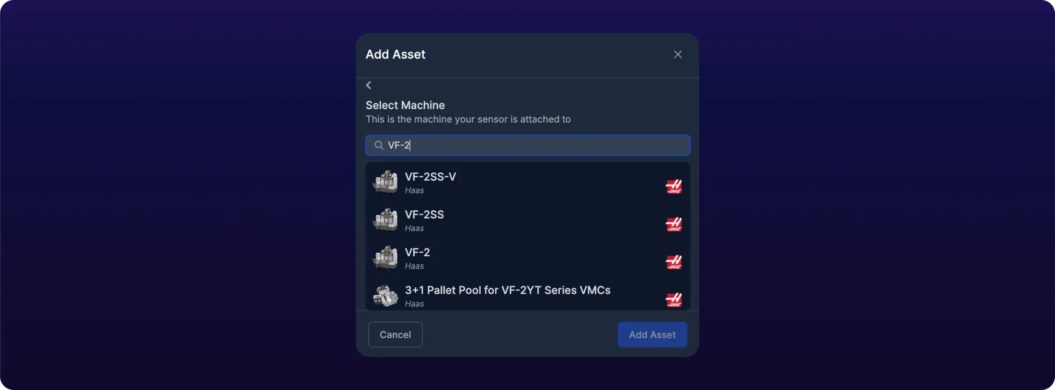 The Add Asset modal with numbered callouts on catalog search, custom ID, and department