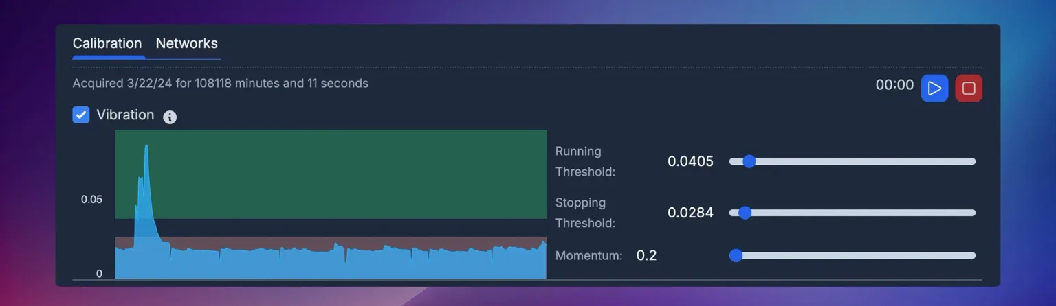 The Calibration tab with a live vibration trace, Running Threshold and Stopping Threshold sliders